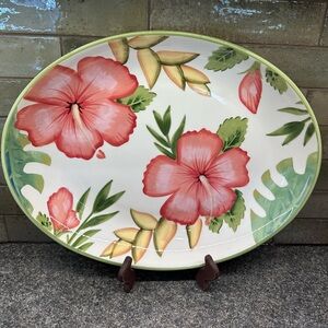 Floral Oval Platter with Pink Hibiscus Design
